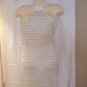 New Ladies sexy White sequined club sheer halter dress size Large